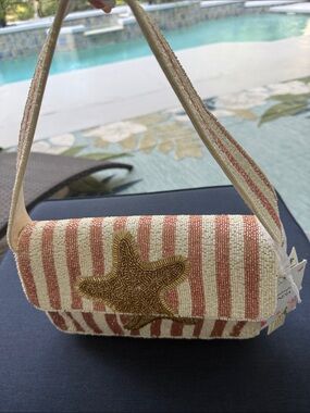 Striped Coral & Cream Beaded Starfish Shoulder Bag